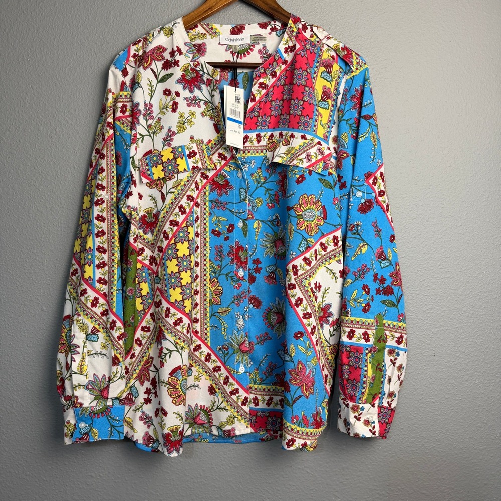NWT Calvin Klein Mixed Floral Patchwork Colorful Print Button Down Blouse Top XL
